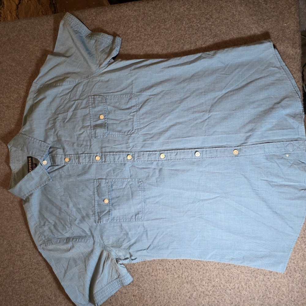 Express Men's Blue Double Pocket Button Up Shirt 16- 16 1/2 Short Sleeve 866